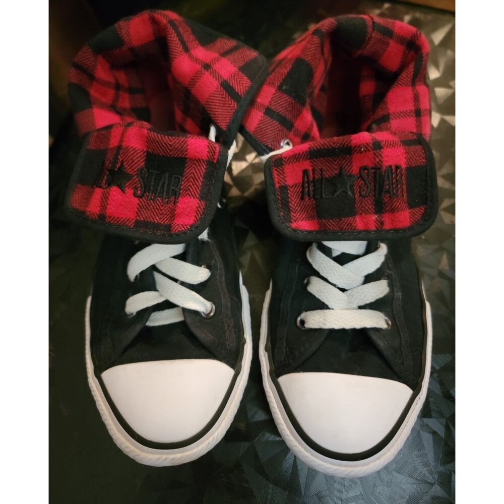 Converse All Star Black Canvas High-Tops W/ Red Plaid Fold-Down Collar US 4/EU 3